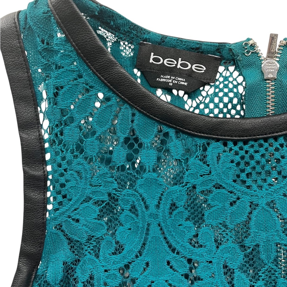 Bebe Teal,emerald green Lace, Leather trim, sleeveless, crop top, Large - Picture 5 of 7